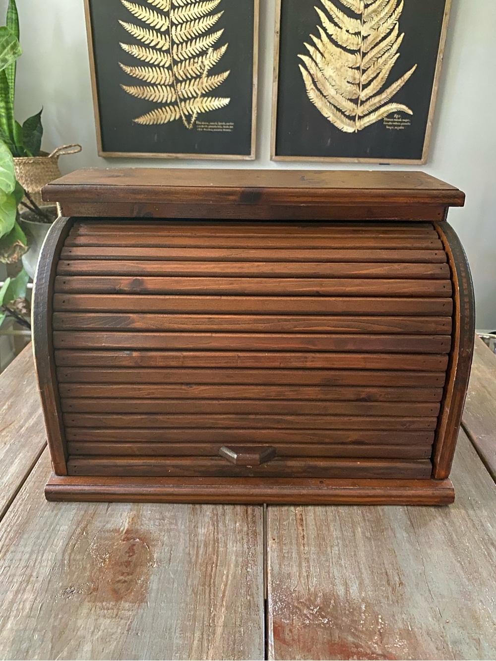 Vintage Rustic Wood Bread Kitchen Storage Box Heavy Large Antique Flip Lid Brown